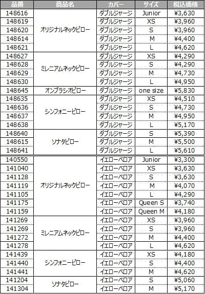 ピロー本体カバーの価格表